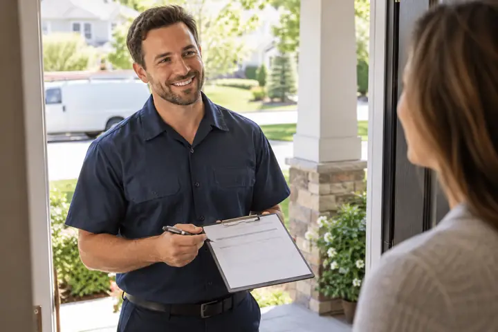 A smiling home service contractor holding a clipboard with an estimate at a customer's front door